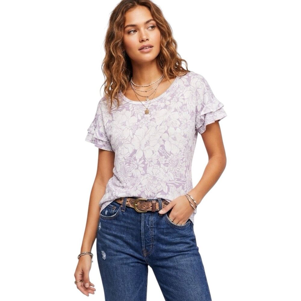 Cupio Women’s Purple & White Floral Short Sleeve Blouse Coastal Summer Sz Medium